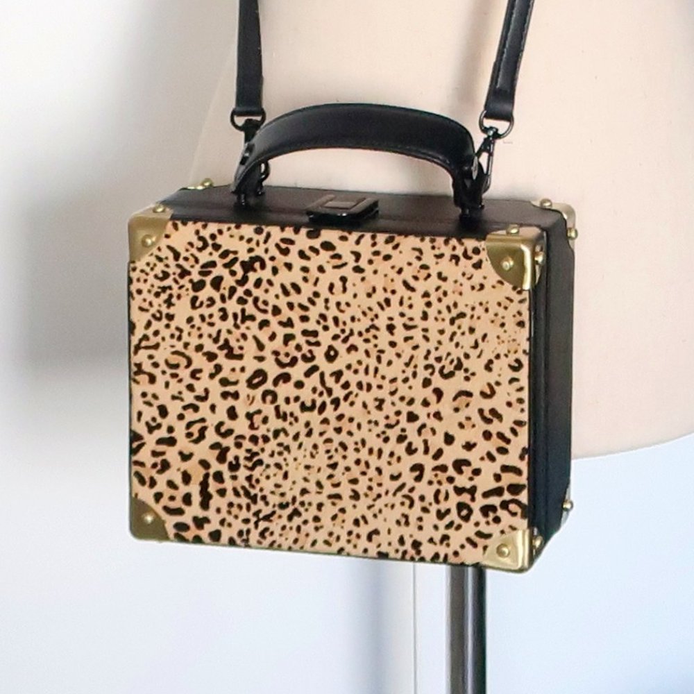 NEW Sam Edelman Calla Leopard Calf Hair Hard Case / Shoulder / Crossbody Box Bag